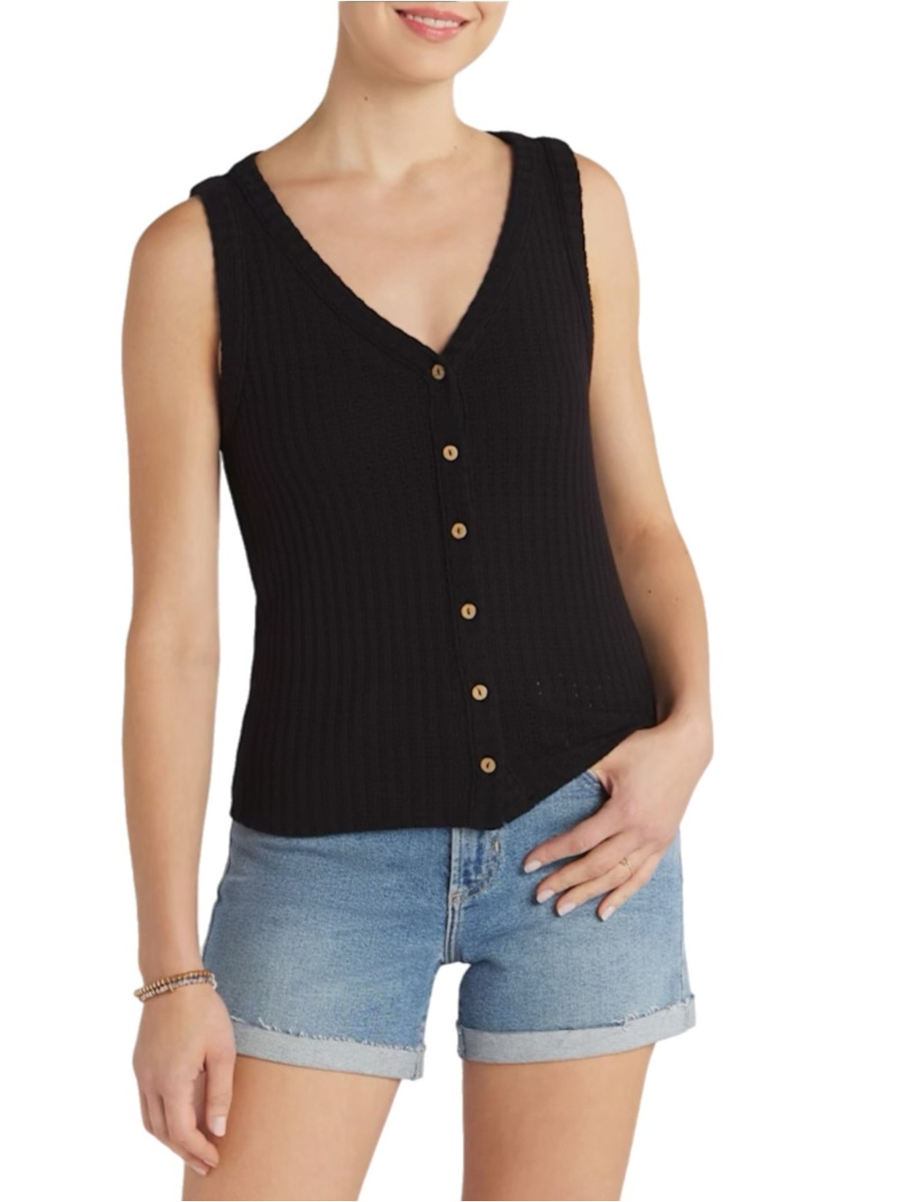 GILLI • Button Front Knit Tank • Black • Medium